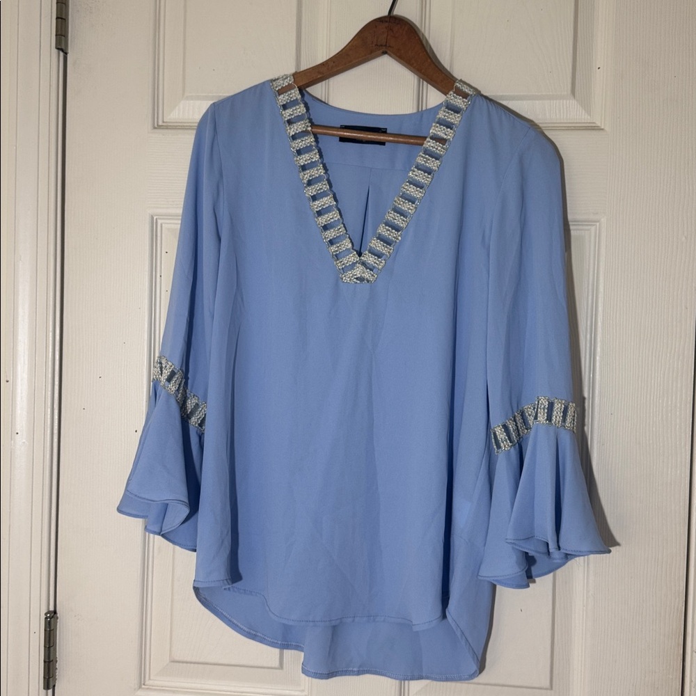 NWOT Blue V-Neck Blouse Large with Lace Trim Detail and Angel Sleeves RelaxedFit